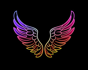 Obraz premium Bold neon sign depicting angel wings in glowing blue and red lights against a dark background. Flat, powerful design with a minimalistic and modern aesthetic, strong visual impact.