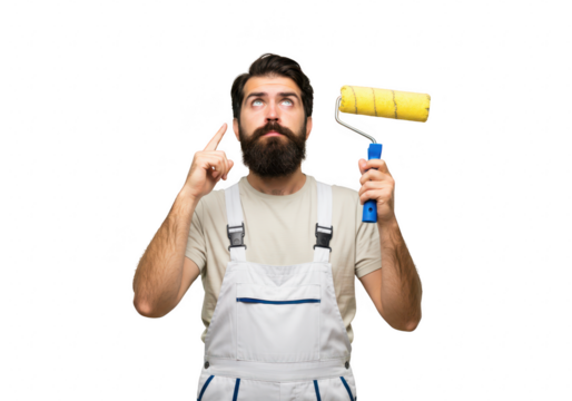 A thoughtful man with a beard and overalls holds a paint roller and points to his head, contemplating his next move, isolated on white isolated on transparent background