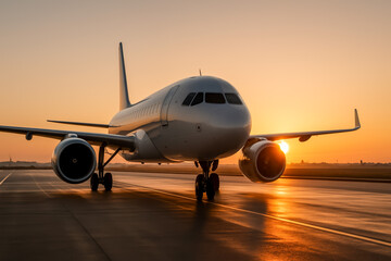 Fototapeta premium Airplane on runway during stunning sunset with golden hues