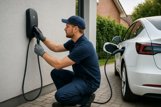 Technician installing electric vehicle charger at residential property