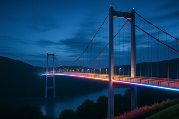 Fototapeta premium Stunning illuminated bridge over calm waters at twilight