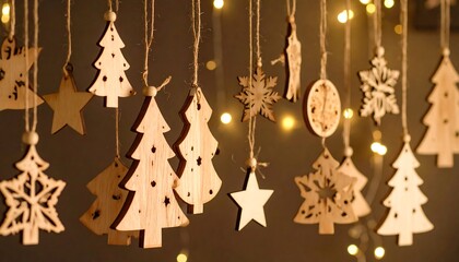 Wooden Christmas ornaments, warm lighting