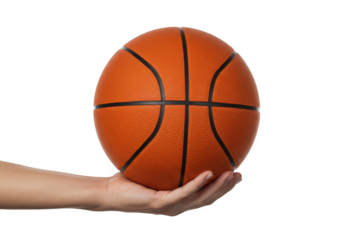 A hand holds a basketball isolated on a transparent background
