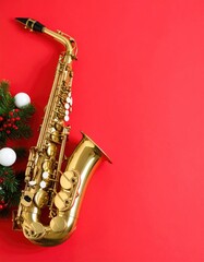 Gold saxophone on red background with Christmas decorations