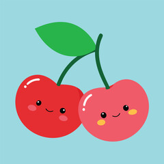 Cute kawaii style cartoon cherries with happy faces and green stems and leaves isolated on transparent background