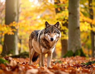 A wolf in a vibrant autumn forest