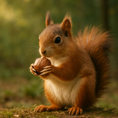 Obraz premium Squirrel holding nut in tranquil forest setting