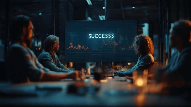 Business Meeting in Modern Office with Success Display: Financial Analysis, Teamwork, and Strategy Discussion in the Evening