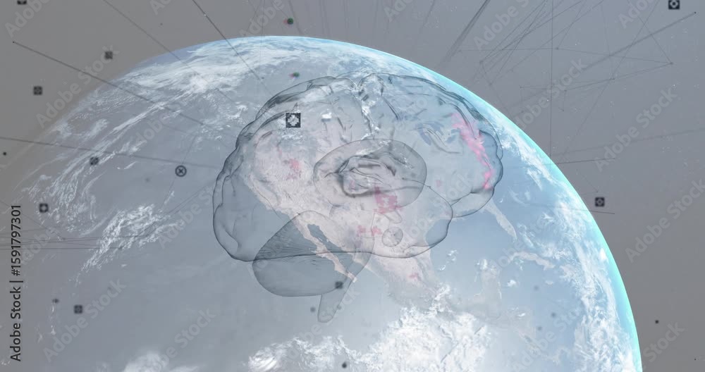 Poster earth rising while translucent brain wireframe rotating and network nodes activating connection