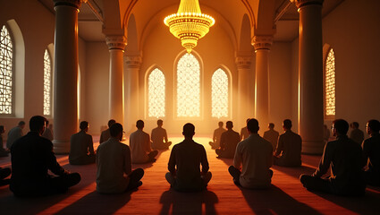 Collective Dhikr Gathering: Worshippers in Ornate Mosque with Chandelier Light - Realistic Photo Stock Concept with Empty Space for Text