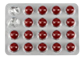 A blister pack of red pills, with two pills removed, isolated on a transparent background