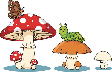 Cute cartoon mushrooms with butterfly and caterpillar, whimsical forest scene, colorful fungi, nature illustration, playful insect characters, children’s artwork, vector
