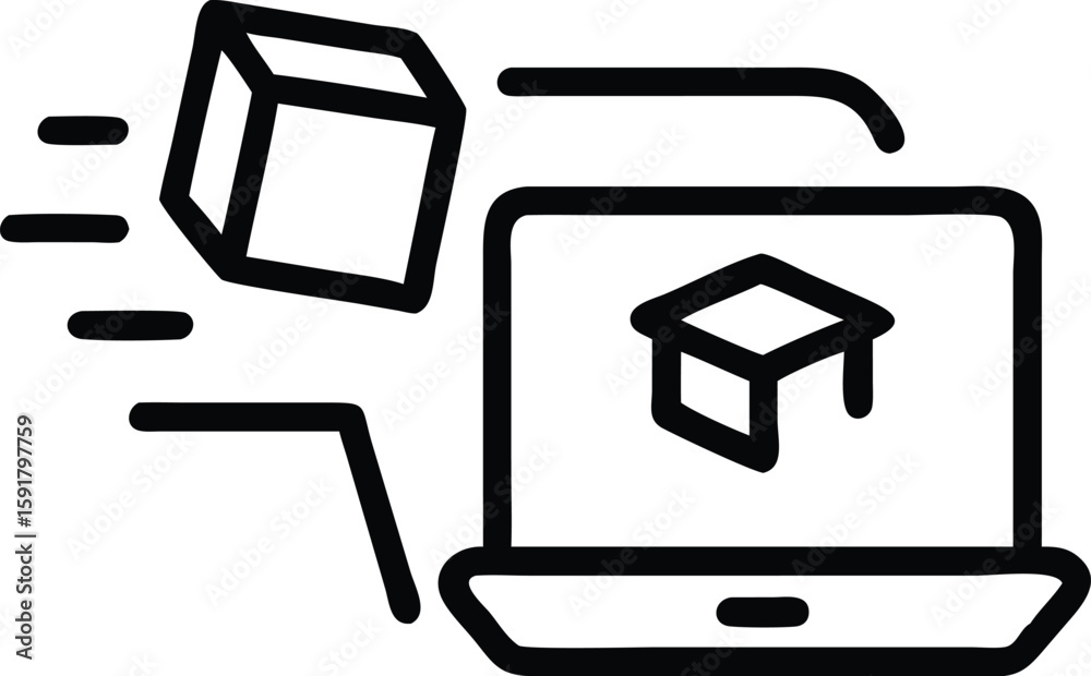 Fototapete Black outline icon of a box moving towards a laptop screen displaying a box online checkout