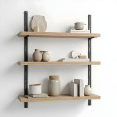 Three-tiered wooden shelves mounted on a white wall display decorative vases, books, and a cutting board in a minimalist, modern arrangement.