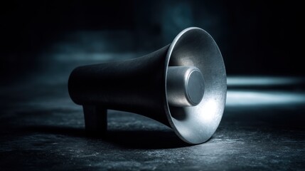 Sleek metallic speaker horn with polished surface, circular opening, and support leg illuminated against dark shadowy background, highlighting contours and texture.