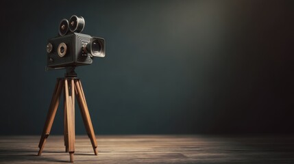 Vintage black film camera with metallic accents and large round reels on a wooden tripod, featuring a prominent lens, sturdy legs, and rustic wooden floor in a dark, muted gradient background.