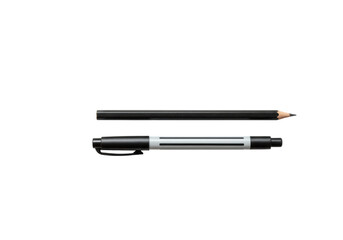 Short yellow hb pencil, new yellow/black striped and solid black pencils, black/white fineliner pen with detached cap, arranged precisely on clean white background, top-down flat lay, no shadows,