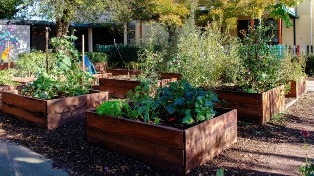 Lush vegetable garden beds under sunlight, representing community gardening and sustainability.