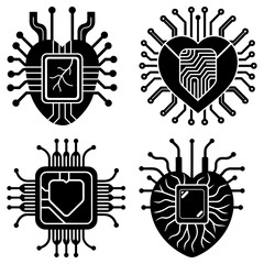 Fototapeta premium Four black heart shaped microchips with circuit board elements in a vector illustration style design