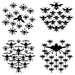 Illustration of four distinct groups of drone swarms with varying designs in black silhouette style