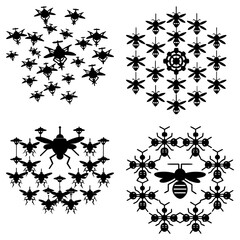 Four distinct arrangements of drones, bees, and ants in a symmetrical and organized black and white pattern
