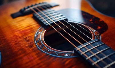 Fototapeta premium Ideas for Music Production Effects. Close-up of the wood grain and strings on an acoustic guitar, Generative AI.