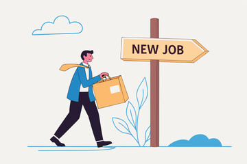 Flat illustration of businessman carrying stuff in box and moving to new job symbolizing career change and new opportunities 
