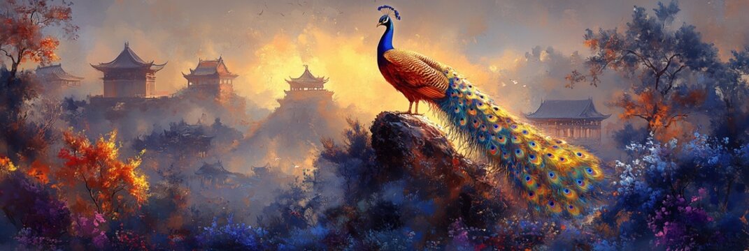 A golden peacock perches on a rock amidst a dramatic sunset, with ancient Asian temples and mystical landscapes in the hazy distance, creating a fantasy scene with rich, warm colors.