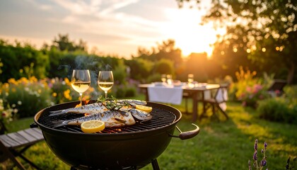 Grilled fish dinner in a garden at sunset