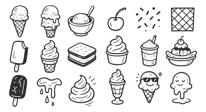 Ice cream doodle icon set. Cute hand drawn illustrations of cone, sundae, popsicle, banana split, swirl, waffle, cup. Black and white cartoon art for sweet dessert collection.