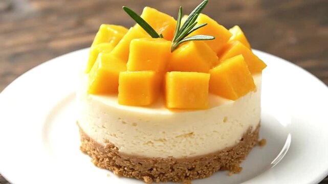 A dessert probably a cheesecake is topped with diced mangos and a sprig of rosemary resting on a white plate