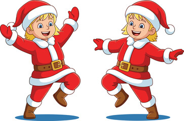 Festive cartoon Santa characters, dancing poses, joyful expressions, Christmas celebration, holiday spirit, cute costumes, winter theme, vector illustration, isolated, fun