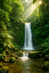 Fototapeta premium Tranquil waterfall cascading amidst lush green forest landscape