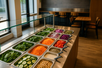 Colorful salad bar with fresh ingredients and toppings in restaurant
