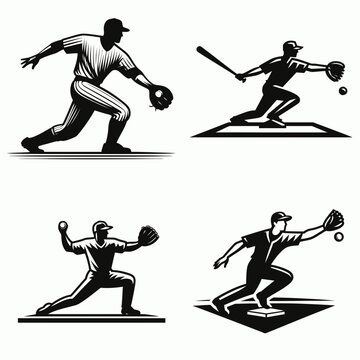 A Baseball third baseman barehand play. Sports Activity Playing Game Athlete Competition Clipart Line Art Vector Illustration. Diamond infielder catches shot with glove absent at the hot.
