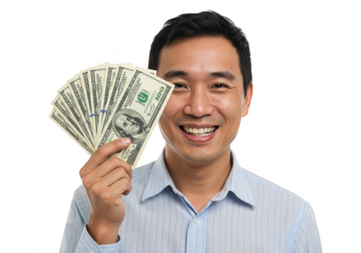 A smiling asian man holds a fan of us dollar bills, looking happy and successful, isolated on a transparent background