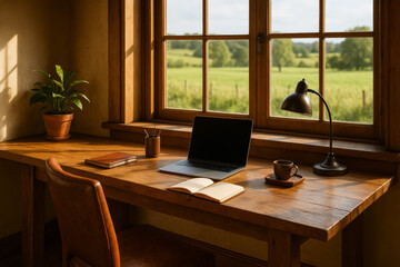 Cozy home office with a view of green landscape