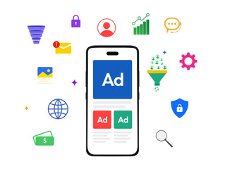 Advertising through mobile with sales and funnel concept, transparent png. Leads, global, money, stats.