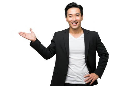 A smiling asian man in a black suit and white tshirt gestures with his open hand, isolated on a transparent background