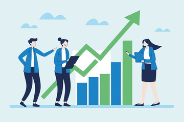 Flat illustration of business team look at rising arrow graph symbolizing business growth and sales increase 