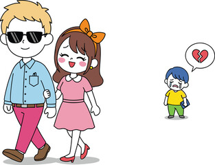 Heartbroken cartoon boy, sad expression, watching happy couple, love triangle scene, emotional illustration, relationship drama, colorful vector, isolated, feelings, breakup