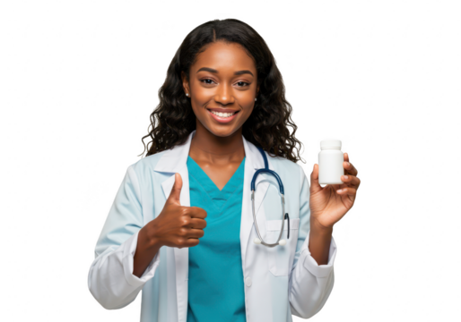 A smiling black female doctor in a lab coat and stethoscope gives a thumbs up while holding a bottle of pills isolated on transparent background - Powered by Adobe