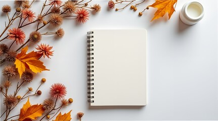 Blank notebook with autumn leaves and dried flowers