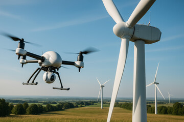 Drone flying near wind turbines in a sunny landscape