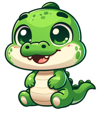 Fototapeta premium Cute cartoon baby crocodile with big green eyes, happy smile, and chubby body, perfect for kids, nursery, jungle, and animal-themed illustrations or decor