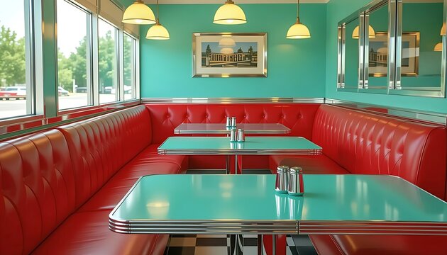 Nostalgic diner featuring plush red vinyl booths with metallic chrome tables against turquoise Formica surfaces 