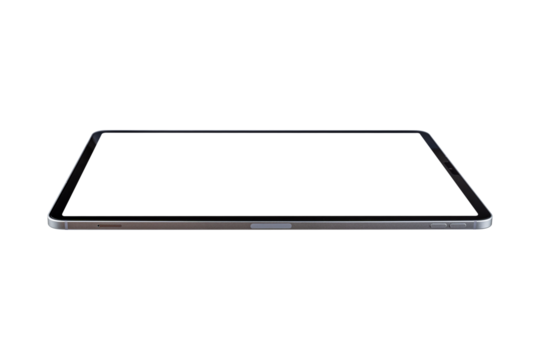 Tablet PC with blank screen isolated on transparent PNG.