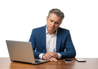 A middleaged businessman looks tired and disappointed while sitting at a desk with a laptop and phone isolated on transparent background