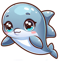 Adorable cartoon dolphin with big sparkling eyes, cute smile, and blue body, perfect for kids, nursery, ocean, and aquatic-themed illustrations or decor