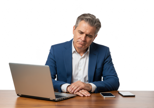 A middleaged businessman looks tired and disappointed while sitting at a desk with a laptop and phone isolated on transparent background